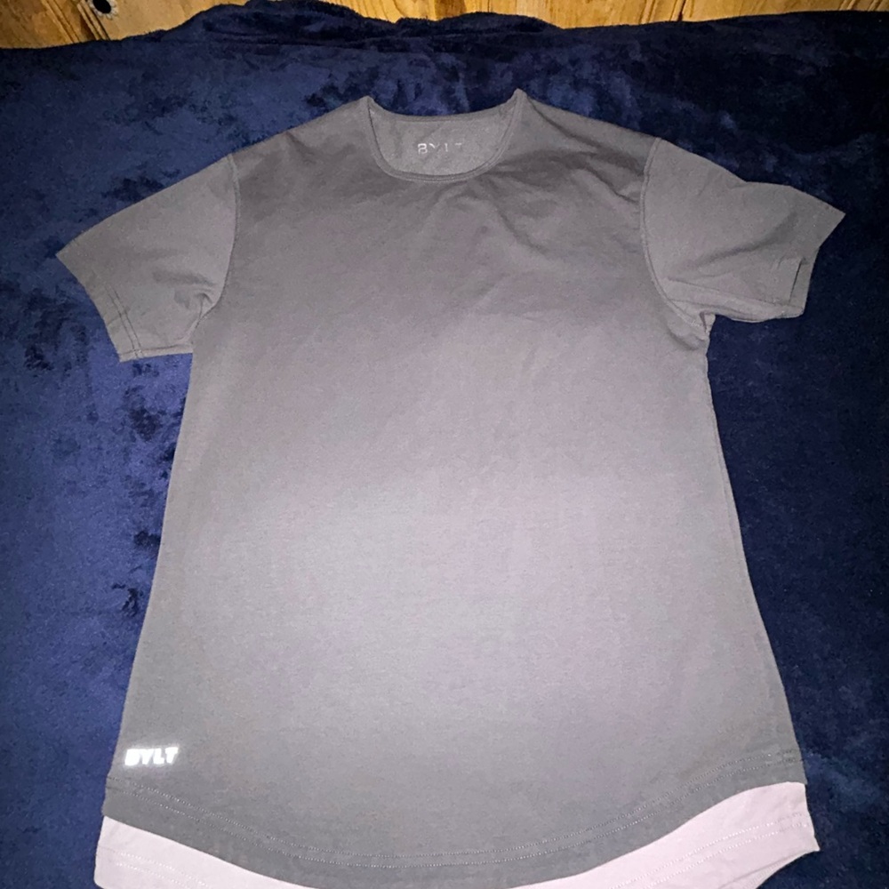Bylt T-Shirt Drop Cut Lux Mens Small Cotton Stretch Pullover Gray and Beige